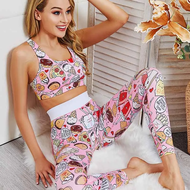 

Women Cartoon Fitness Sets High Waist Funny Tracksuit Sexy Bra+Leggings Workout Patchwork Two Piece Set Sports Women Sets