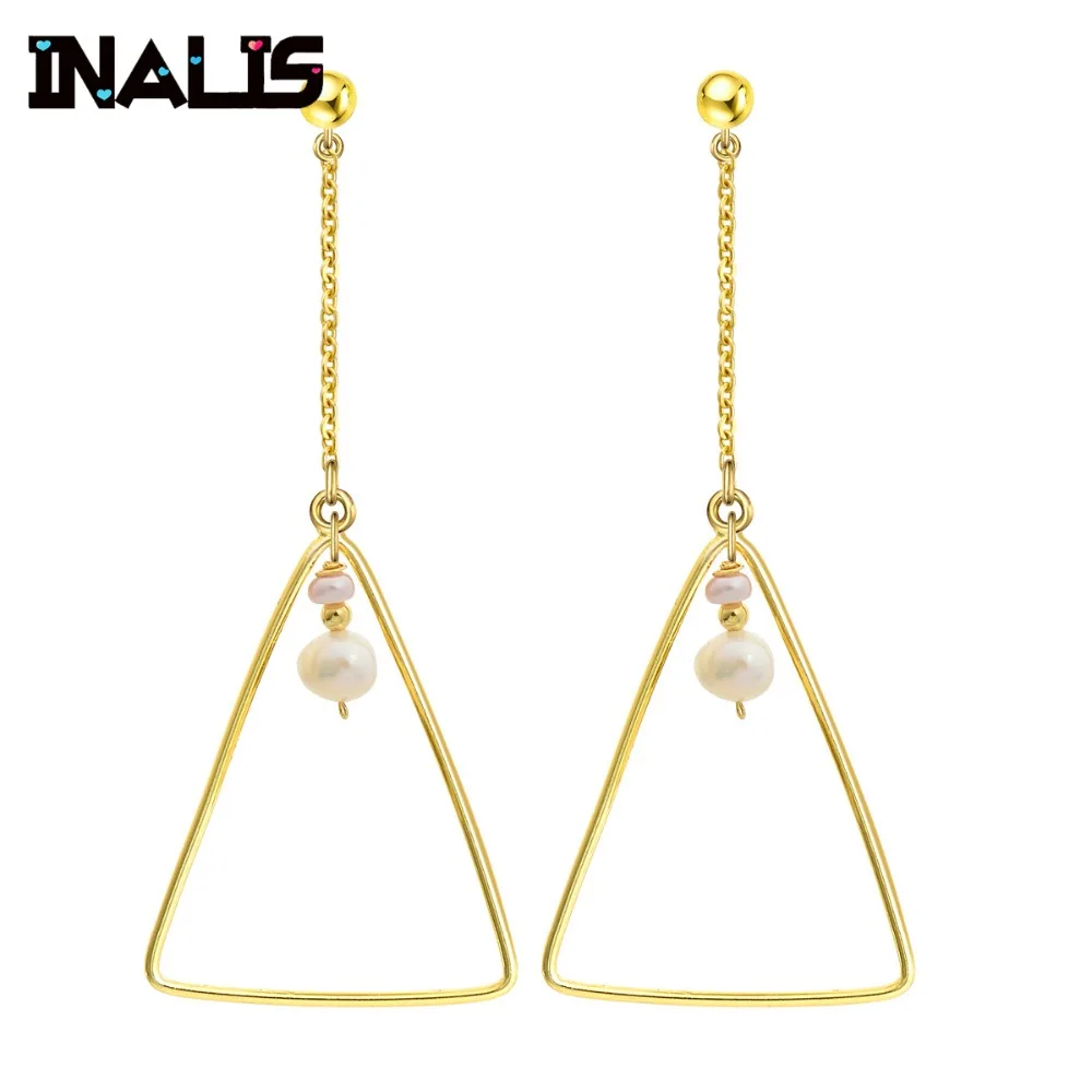 

INALIS New Fashion Simple Design Big Long Drop Earrings 925 Sterling Silver Natural Pearl Triangle Dangle Brincos for Women Gift