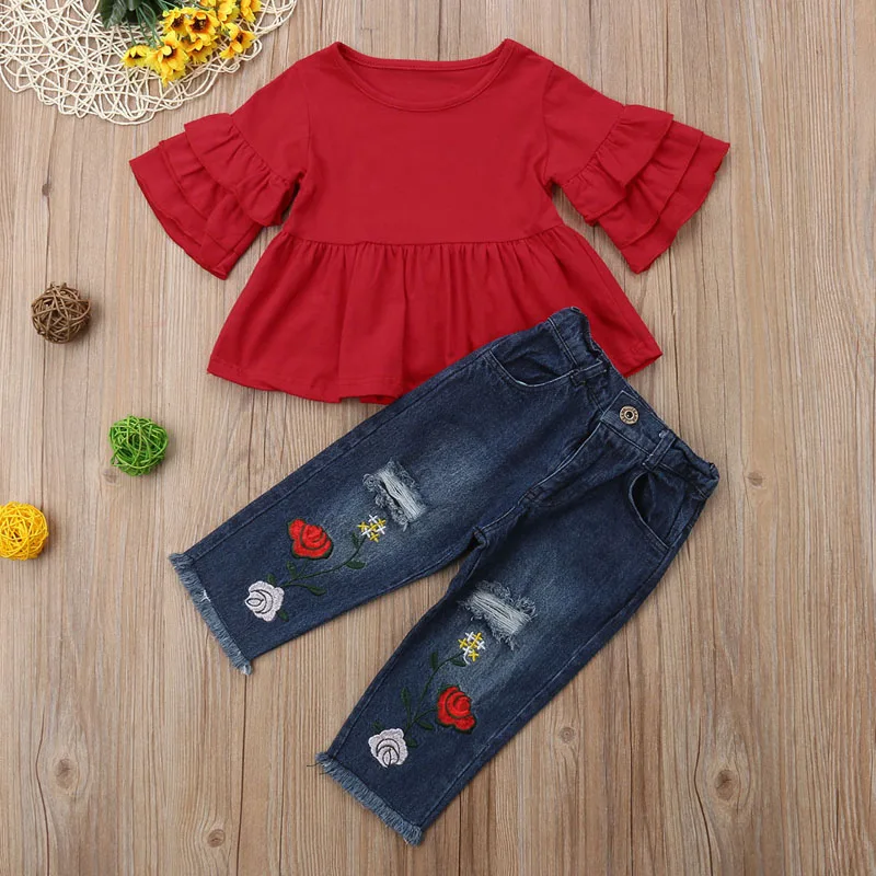 Осенний комплект одежды из 2 предметов для маленьких девочек, красные футболки с длинными рукавами туника+ джинсовые штаны с цветочным принтом, джинсовая одежда г., детская одежда