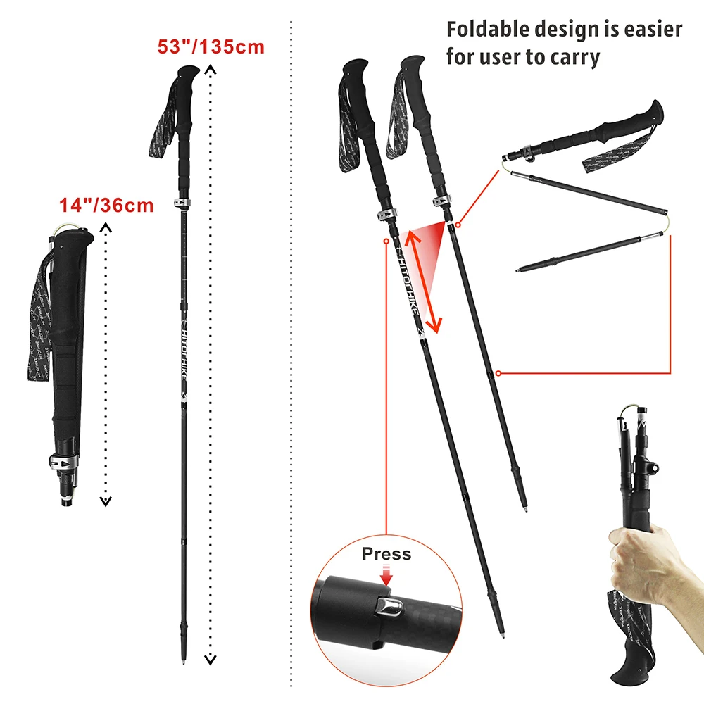5-seção de Fibra de Carbono Caminhadas Pólo Trekking Vara Ultraleve Dobrável Ajustável 36-135 cm 205g 2020 Novo Item 1 pc 3 Esporte e Lazer