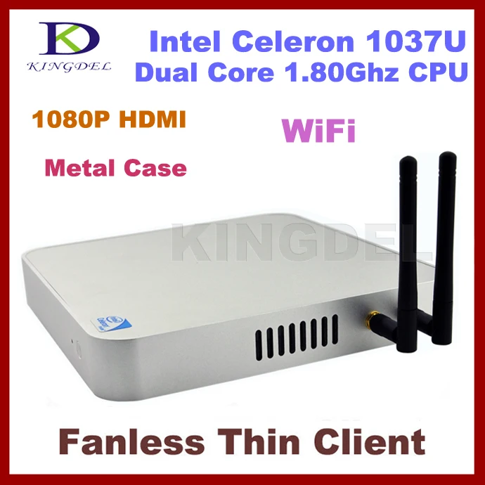  Fanless Thin Client PC, Mini Computer, Intel Celeron 1037U, 2GB RAM, 16GB SSD, WiFi, 1080P HDMI, Metal Case 