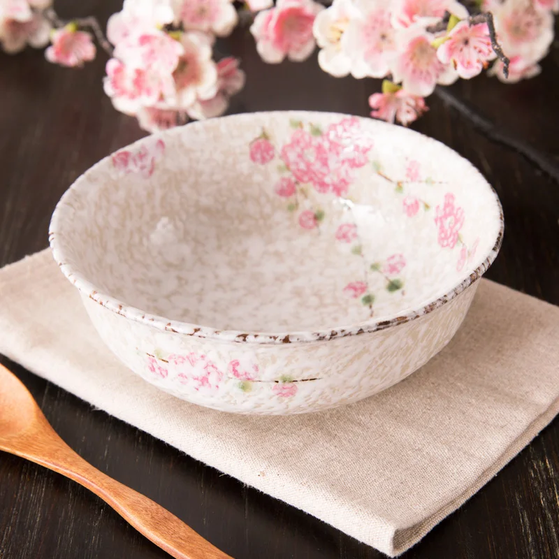 Japan Zakka Style Ceramic Dinnerware Sets Small Pink Floral Printed Under Glazed Chinese Porcelain Dinner Set 8 Pieces Tableware