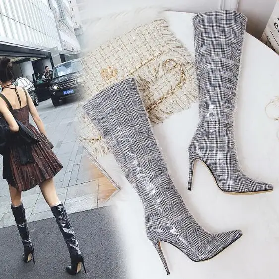 

Hot Sexy Black/red/Plaid Silk Mid-Calf Shoes Pointed Toe Thin Heels Women's Shoes big Size Transparent Women's Boots