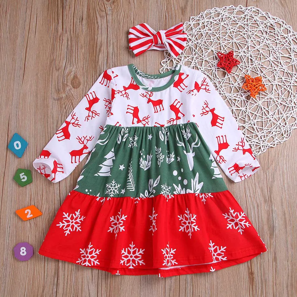 Girls Most Popular Christmas Gift Cute For Child Toddler Baby Long Sleeve Fawn Print Dress Headband Outfits Clothes | Детская одежда и