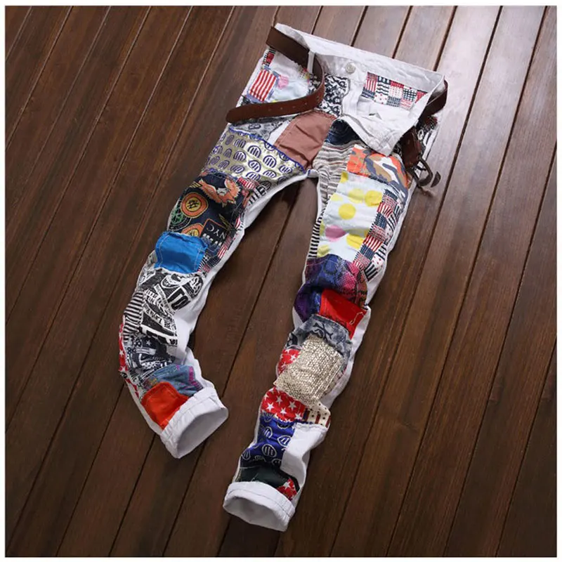 

Personality Men Patchwork Jeans New Design Night Club Color Pants Straight Slim Denim Cowboy Famous Brand Designer Pants 29-38