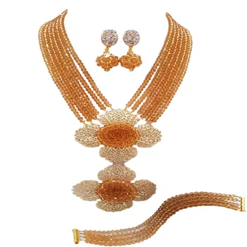 

Fashion Champagne Gold Multi Strands Statement Necklace Nigerian Wedding African Beads Jewelry Set Crystal 5-LDH05