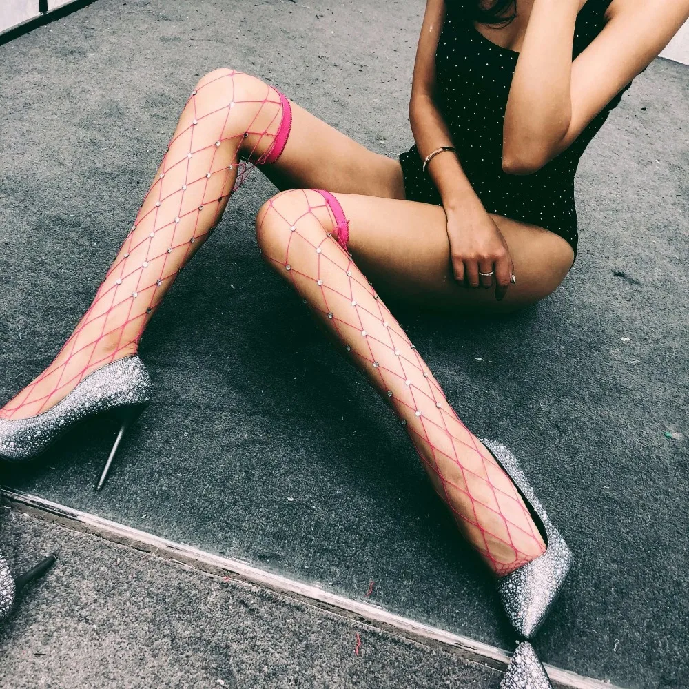 Кристалл Rhinestone женское белье в сетку Чулки на резинке сетчатые держать бедро высокие чулки трикотаж Medias женский