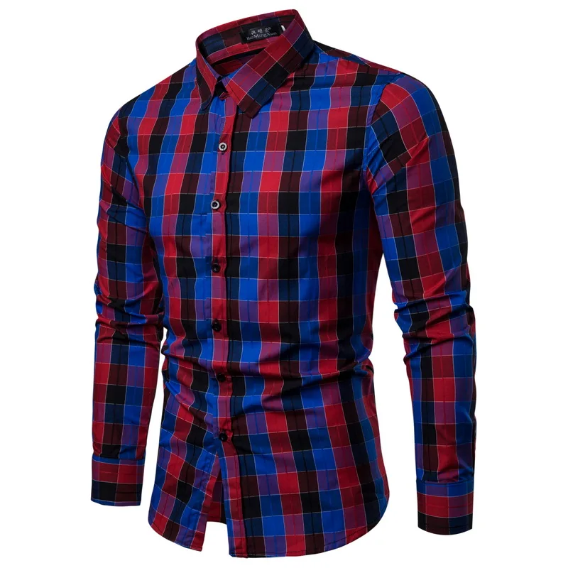 Drop Shipping Men Plaid Shirt Long Sleeve Shirts 2019 Fashion Casual Multi-color Checkered Cotton Chemise Homme