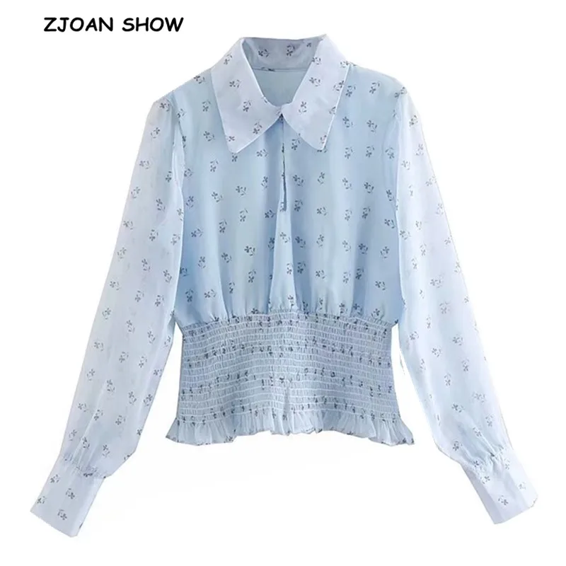 

2019 Retro Grass floral Print Shirt Skyblue Woman Lapel Ruched Elastic High Waist Long Sleeve Casual Pullover Blouse Tops
