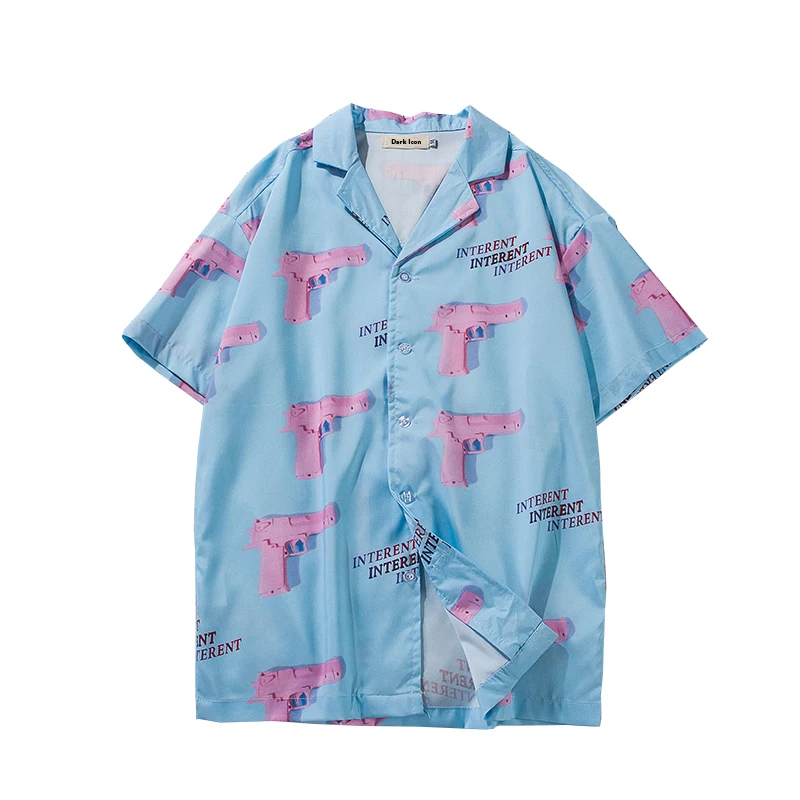 

Collar Hawaii Style Men's Shirts 2018 Summer Pink Gun Full Printing Casual Shirt Men RS-448