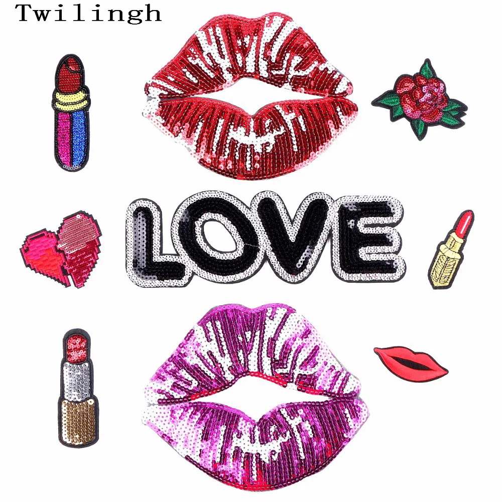 

1Pc Lip Patches Iron On Embroidered Sequined Patch Flower Heart Love Applique DIY Sewing Fabric Repair Clothes Patches Stickers