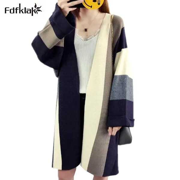 ^*Best Offers Fdfklak Good Quality Sweater Women Patchwork Autumn Winter Ladies Knitted Sweaters Long Cardigan Sweater Women Winter Tops
