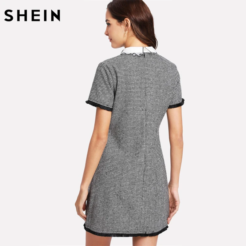 SHEIN Модное Платье С Кружевной Вставкой Офисное В Клетку Коротким Рукавом|work dresses