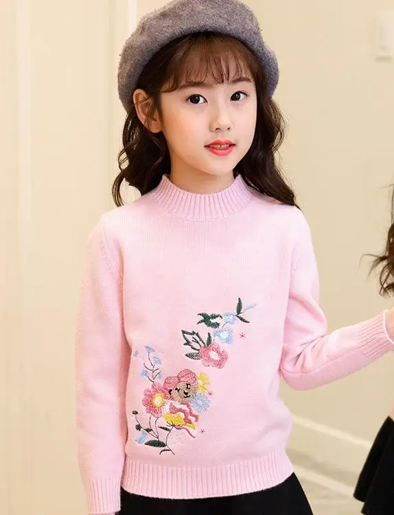 Свитер с вышивкой для девочек, зимняя одежда с цветочным рисунком для маленьких девочек, вязаные топы с длинными рукавами для девочек, детский Рождественский свитер, 4, 6, 8, 10, 12 - Цвет: Розовый
