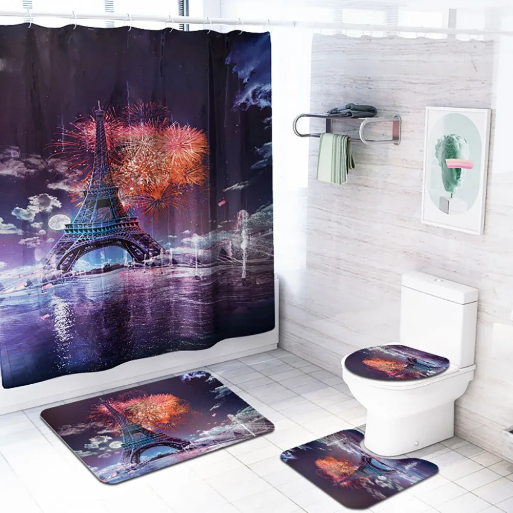 

4PCS Paris'Tower Patterns Paris night scene Bathroom Shower Curtain Non Slip Toilet Polyester Cover Mat Set Shower Curtain