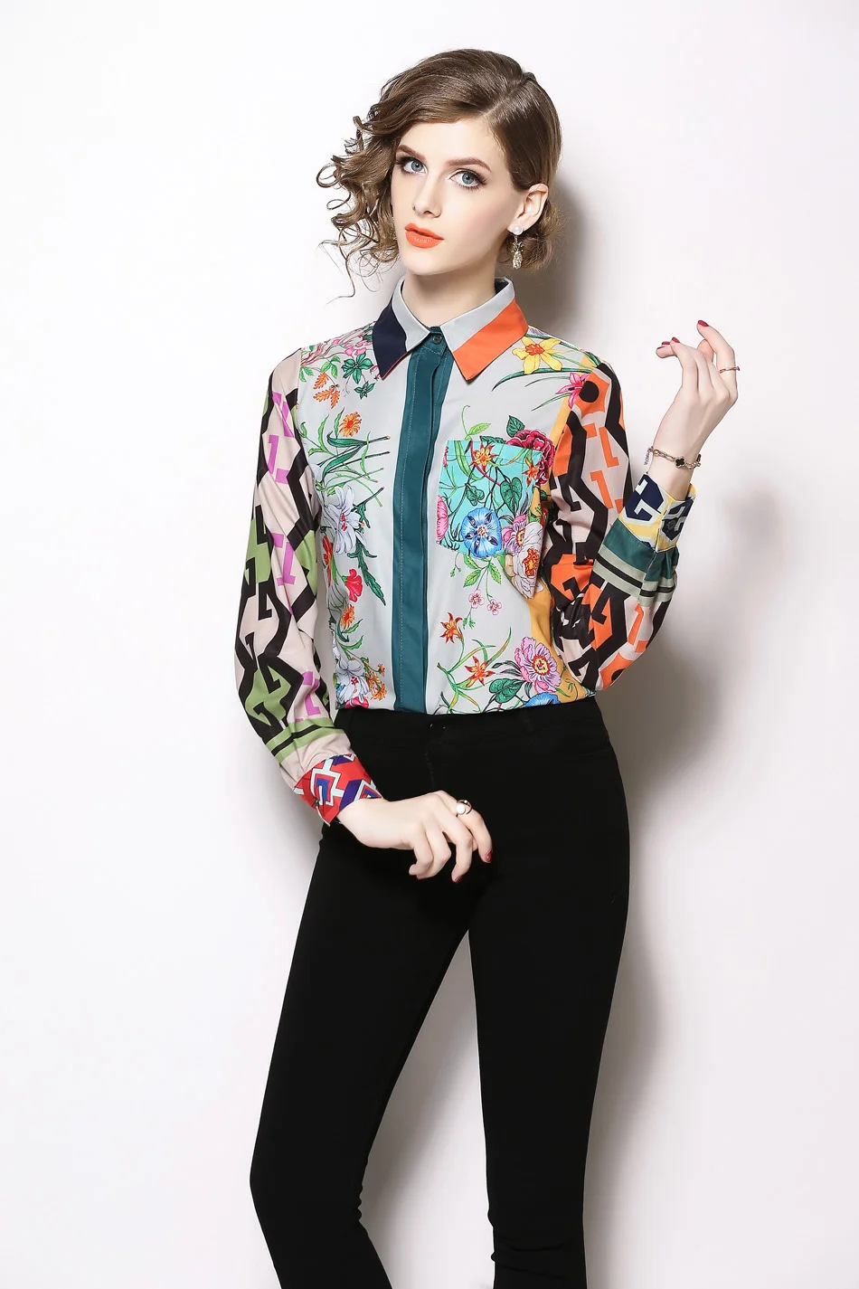poet shirt H Han Queen Women Vintage floral Print Ladies Tops chiffon Long sleeve Casual Blouse Female Work Wear Office Shirts white blouse for women