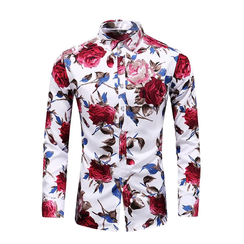 Koop 2019 Nieuwe Herfst Nieuwe Lange Mouw Bloemen Rose Shirts Plus Size 5XL 6XL 7XL Button Down Sociale Hawaiiaanse Bloemen Shirt