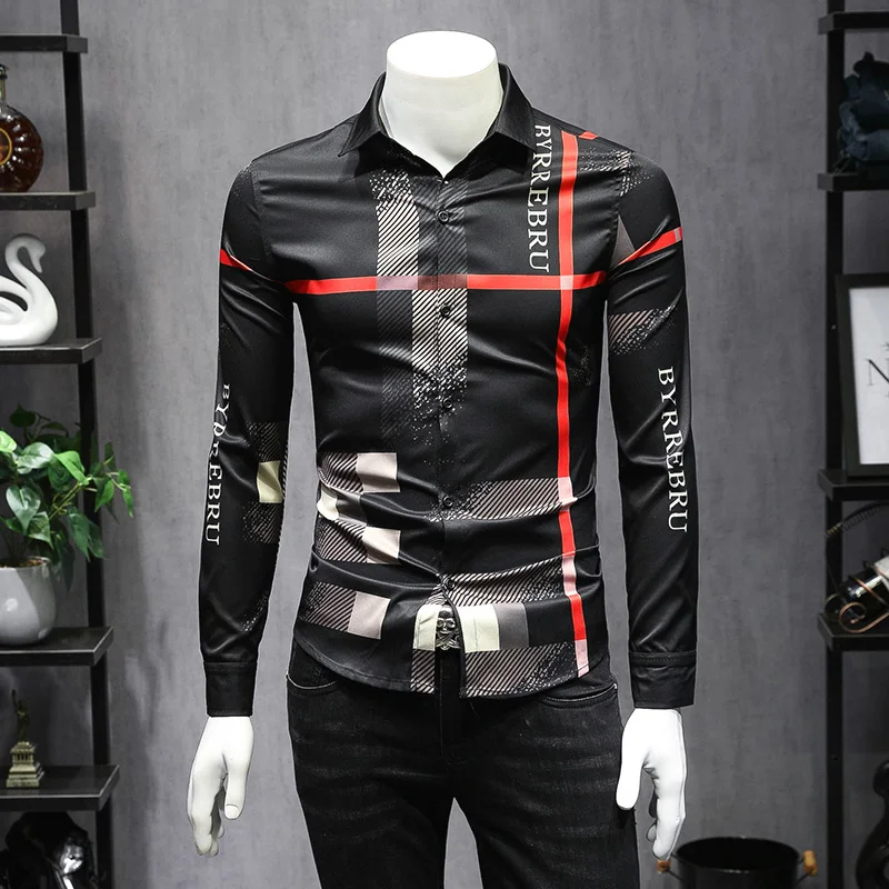 

Spring and Summer Plaid Printing Color Men's Long-sleeved Shirt Casual Slim Cotton Light Street Fashion Trend Men's Clothing