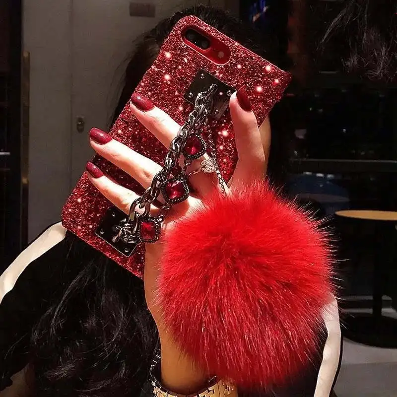 

Phone Case For iPhone XS MAX XR X Bling glitter furry ball Case For iPhone 6 6S 7 8 Plus Luxury diamond pendant protection cover