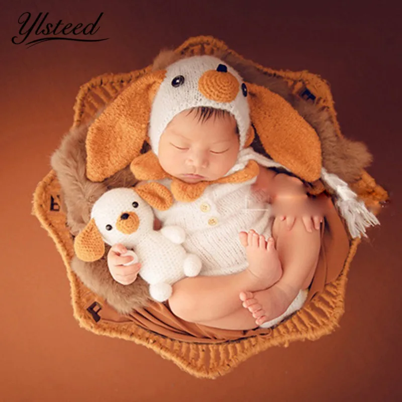 

4 Pieces Set Baby Photography Props Knitted Cute Baby Big Ears Dog Hat Dog Doll with Bone Infant Outfits Newborn Photo Props