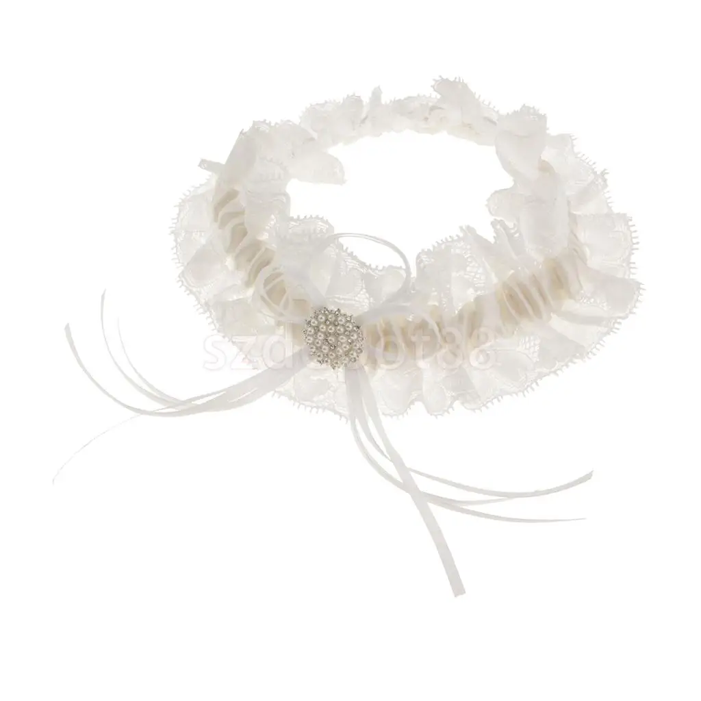 Wedding Bridal Lace Pearls Garter w/ Bowknot Trim Bride to Be Hen Night Party Theme Dress Wedding Party Gift Favor