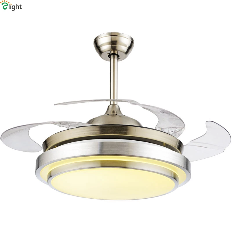 Modern Invisible Acrylic Leaf Led Ceiling Fans Lustre Chrome Steel Led Ceiling Fan Lighting Dining Room Dimmable Ceiling Fixture