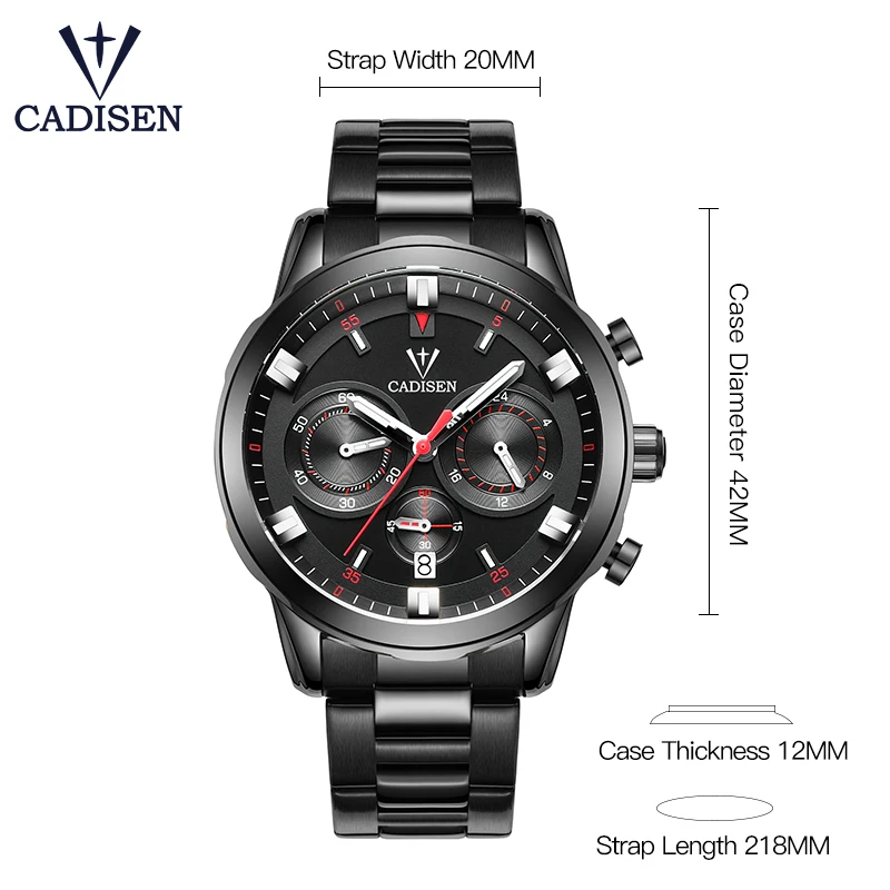 CADISEN Men Watches Brand Luxury Stainless Steel Waterproof Sport Quartz Chronograph Military Watch Men Clock Relogio Masculino