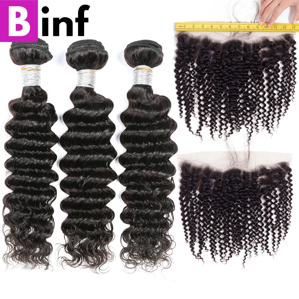 

BINF Brazilian Deep Wave Bundles With Closure Non Remy Human Hair 3 Bundles with 13*4 Lace Frontal Baby Hair Around Color 1B