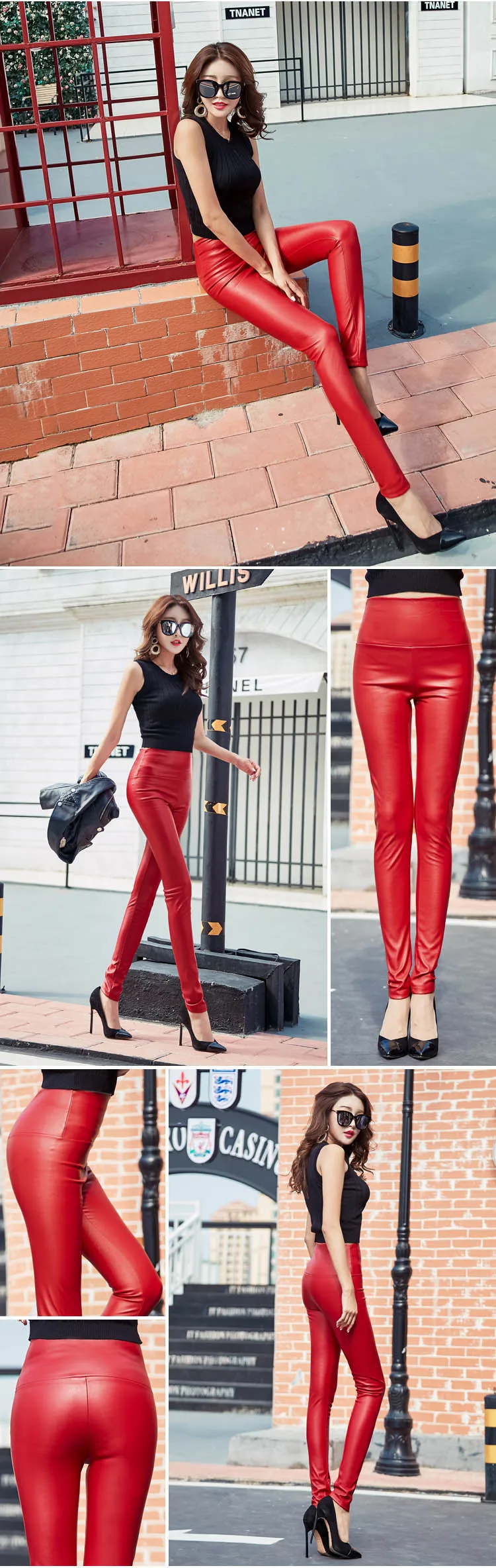 Autumn and winter large size with fleece PU color imitation leather leggings high waist tight leather trousers for women slim (10)