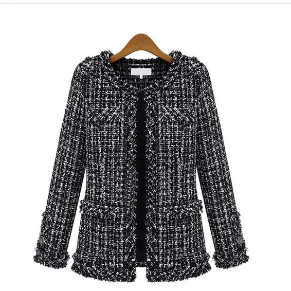 

New Women Autumn Winter Long Sleeve Jacket Frayed Black Plaid Coat Round Neck Short Coat Outwear
