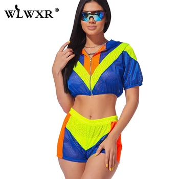 

WLWXR Casual Summer Two Piece Sets Women Outfit Zipper Hooded Sexy Bodycon Crop Top and Biker Shorts Women Tracksuit Female Suit