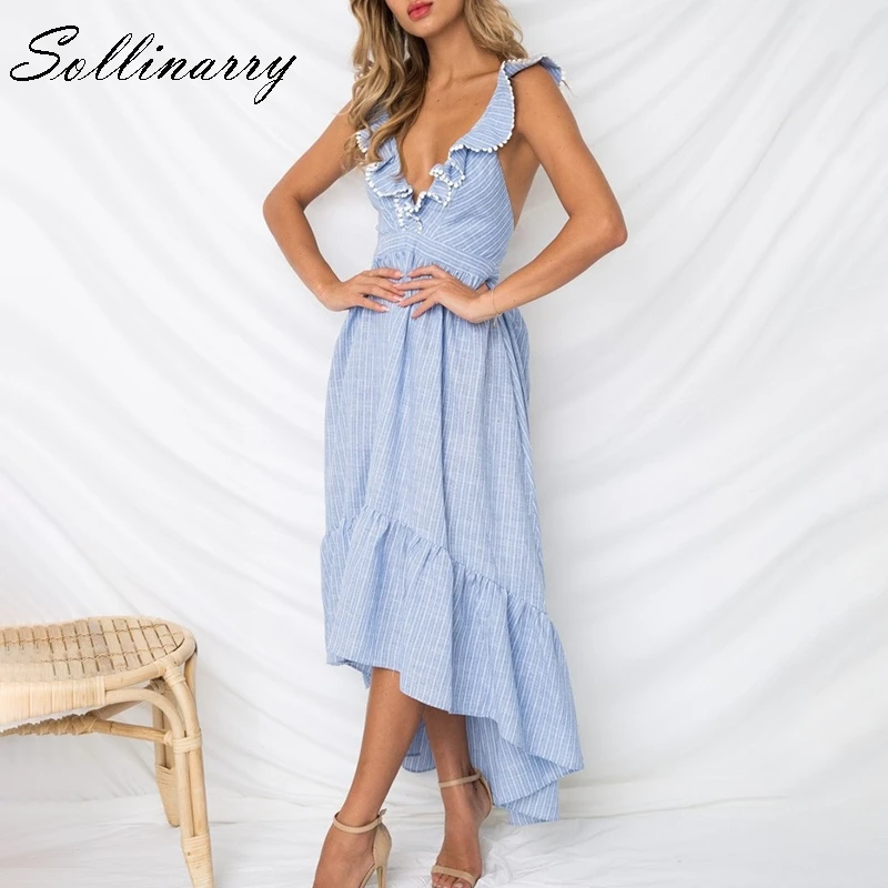 Sollinarry, без рукавов, с оборками, осеннее платье,, женское, v-образный вырез, открытая спина, сексуальные платья, в синюю полоску, повседневное, длинное, зимнее платье