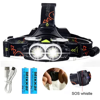 

LED Headlamp Headlight 2xT6 Super Head Lamp Fishing Work Light Lantern SOS USB charger 18650 battery dropshipping camping