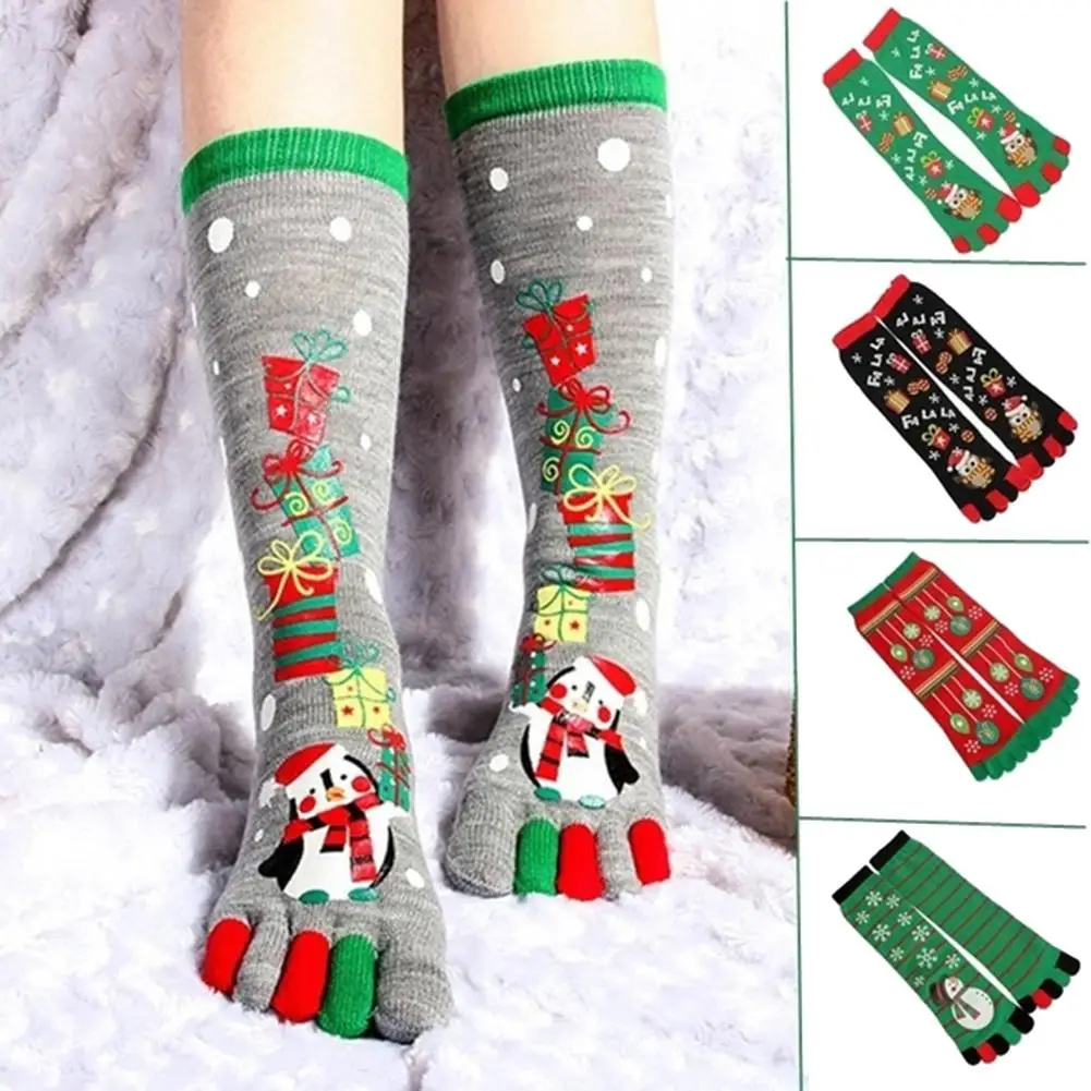 

Autumn Winter Women Christmas Cartoon Snowman Santa Claus Long Five Toes Socks