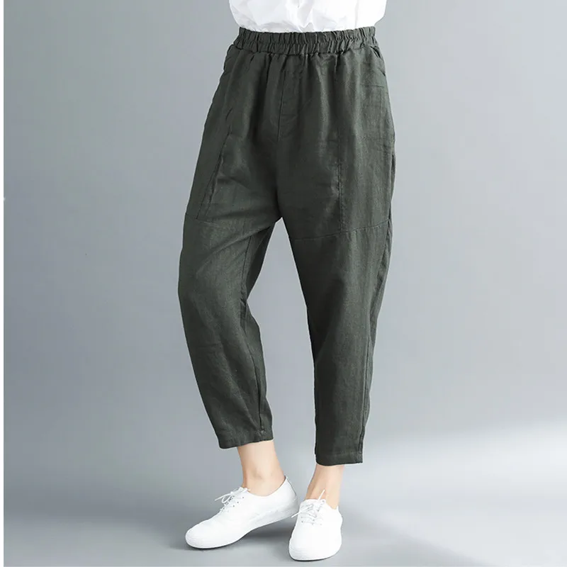ilstile 2018 Women Elastic Waist Cotton Linen Harem Pants Autumn Chic