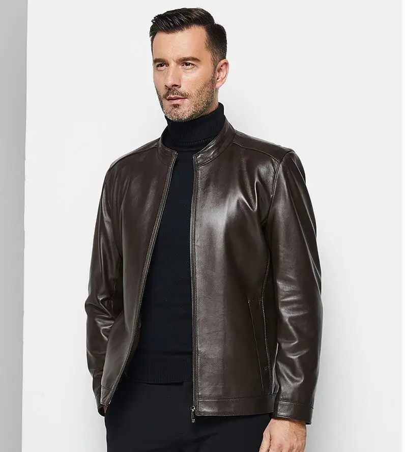 Новая байкерская куртка из овечьей кожи для мужчин среднего возраста, весенне-осеннее пальто из натуральной кожи, модная одежда для пап, черный, кофейный