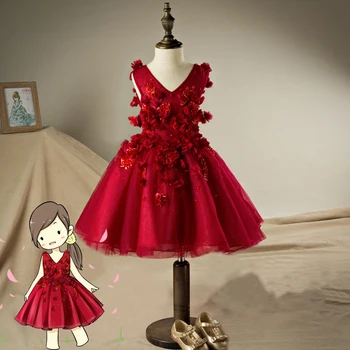 

V-neck Girls Short Dress Appliques Ball Gowns for girl Lace Up Floral Princess Girl Wedding Birthday Party Red Dresses JF552