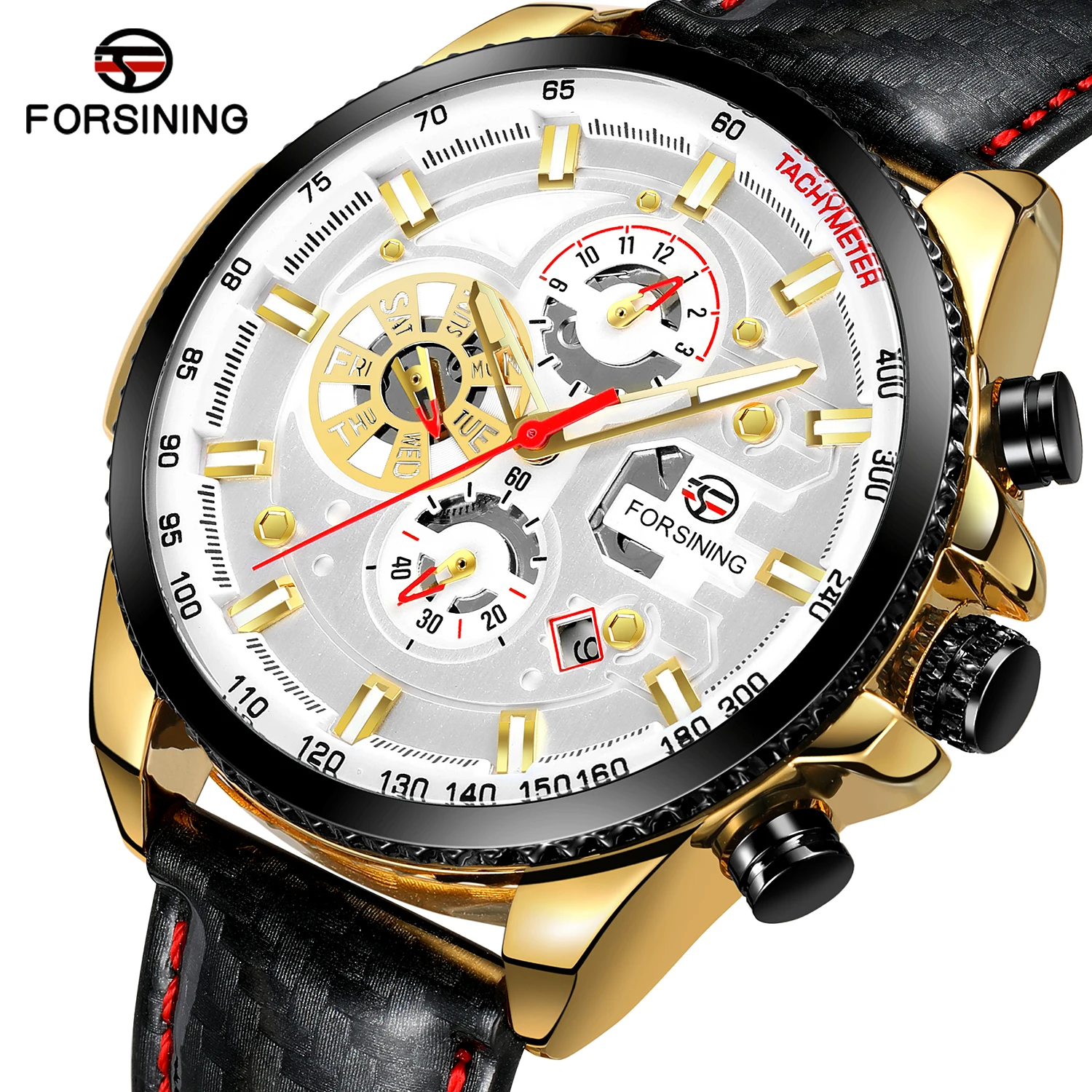 Forsining Three Dial Calendar Display Black Men Automatic Leather strap Wrist Watch Top Brand Luxury Military Sport Male Clock