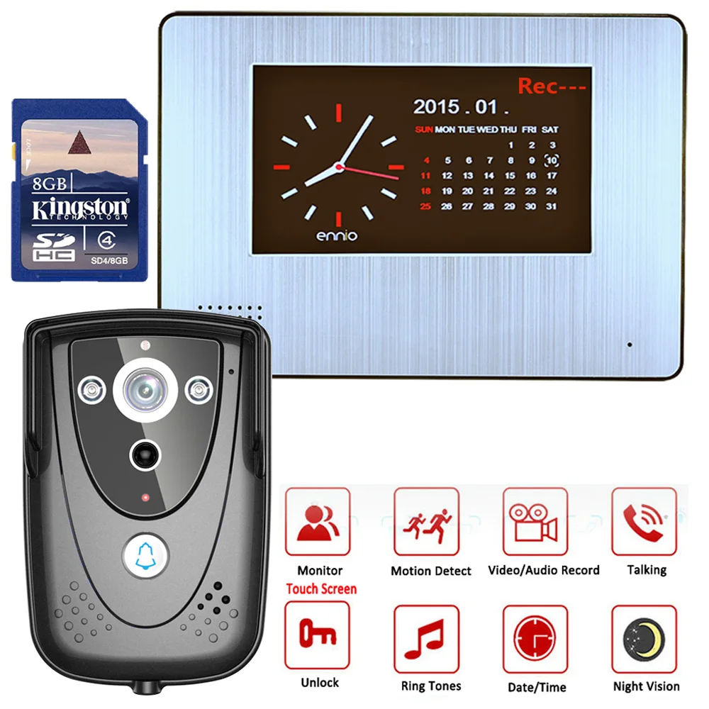 

Free Shipping 7" LCD DVR Color Touch Screen Video Door Phone with PIR Record Doorbell intercom System with IR camera 8G SD card