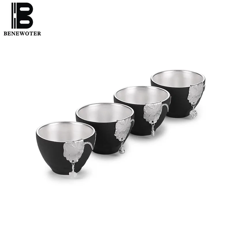 

90cc Vintage Teacup Handmade Black Pottery Silver Auspicious Tea Cup Office Master Small Cha Bowls Drinkware for Birthday Gifts