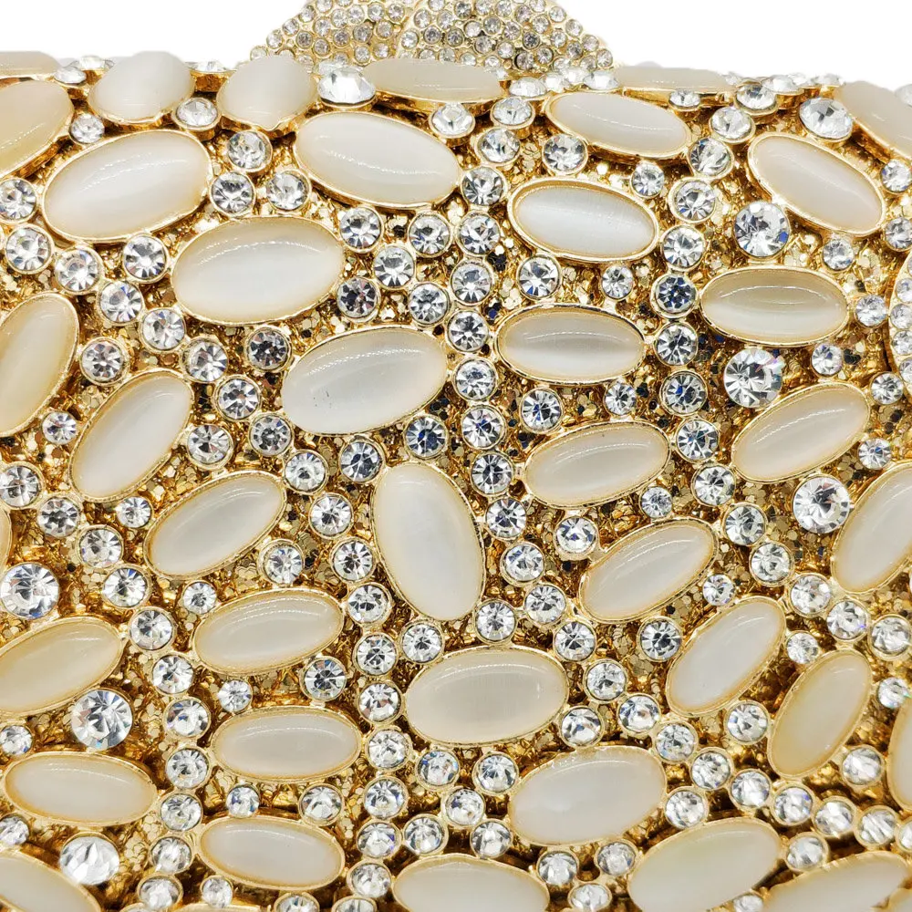 Бутик De FGG выдалбливают Элегантные опаловые кристаллы камней Женская золотистая вечерняя сумочка металлический клатч Minaudiere Сумочка Свадебная вечеринка сумка