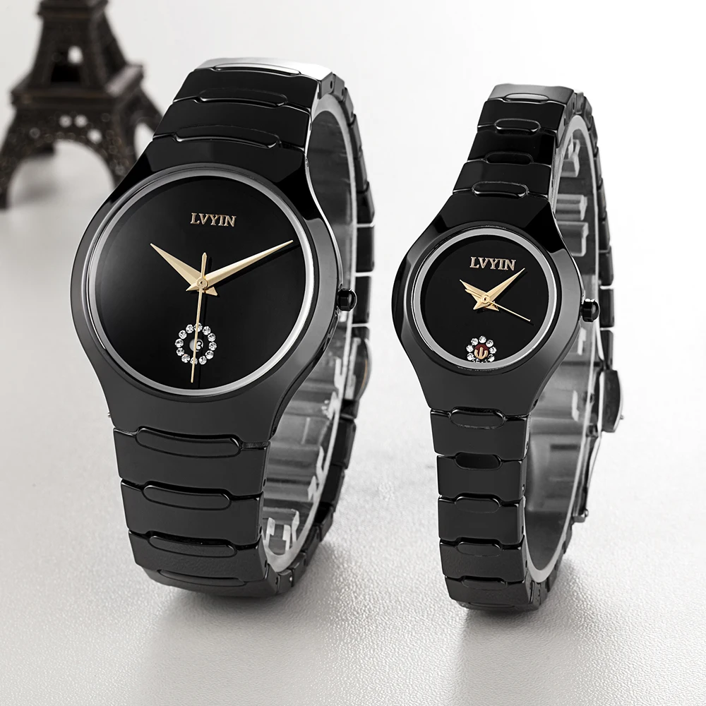 LVYIN керамические парные часы, брендовые роскошные черные часы для влюбленных женщин и мужчин, Relojes Hombre с коробкой, кварцевые часы с календарем