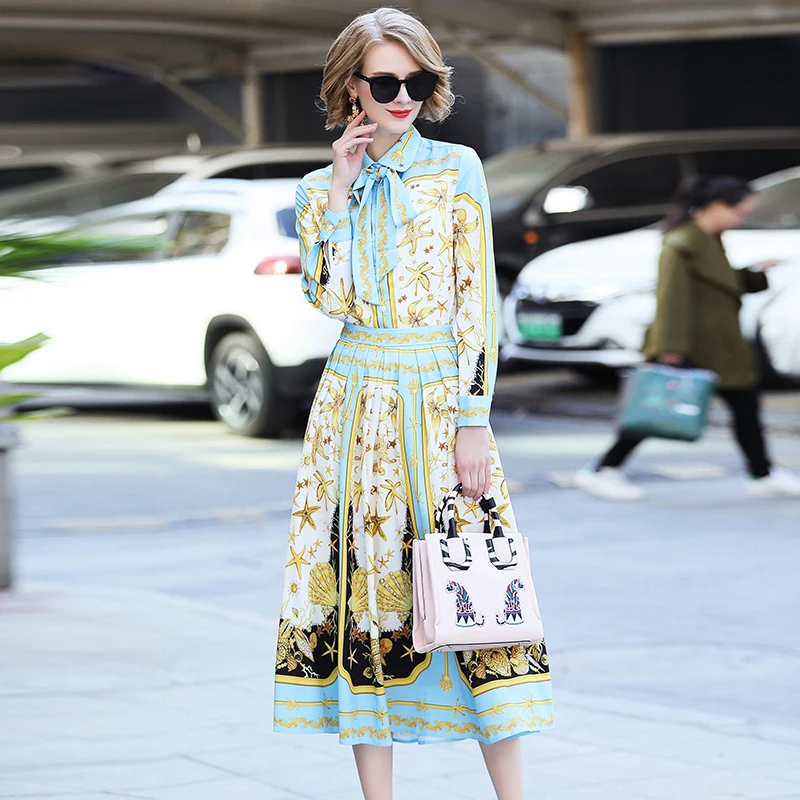 GEORELIOT Runway Designer Two Piece Suit Set Womens Long Sleeve Bow Collar Vintage Printed Blouse And Retro Midi Skirt Sets Women's Sets