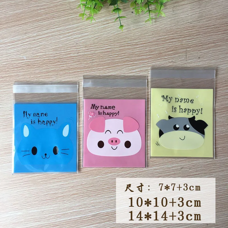 

50Pcs Cute Cartoon Pig Cat Cookie Candy Bag Self-Adhesive Plastic Packing Bag For Wedding Party Biscuits Baking Package Supplies