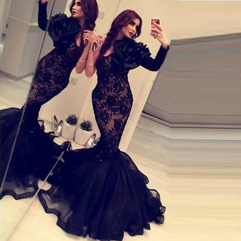 Elegant Lace Black Long Sleeve Mermaid Evening Dresses Formal One ...