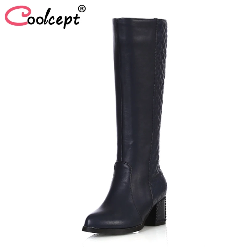 

Coolcept Sexy Women High Heels Boots Zipper Patchwork Warm Shoes Women Winter Fur Knee High Boots Thick Heel Shoes Size 34-39