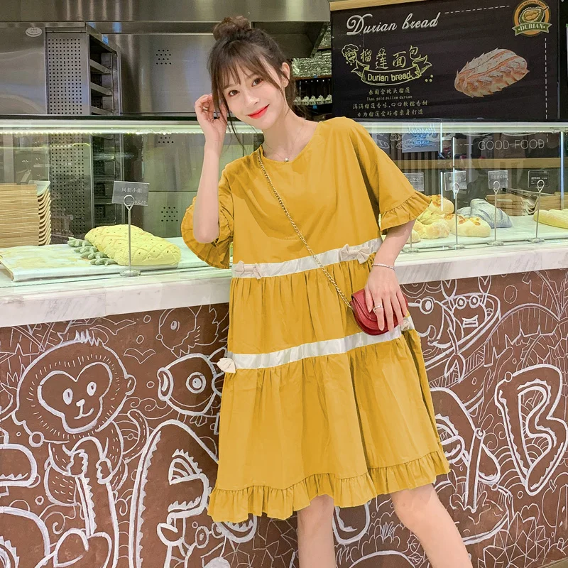 

2019 Summer Pregnant Women Loose Cotton Dress Short Flare Sleeve Block Color Patchwork Ruffles Dress Plus Size Maternity Clothes