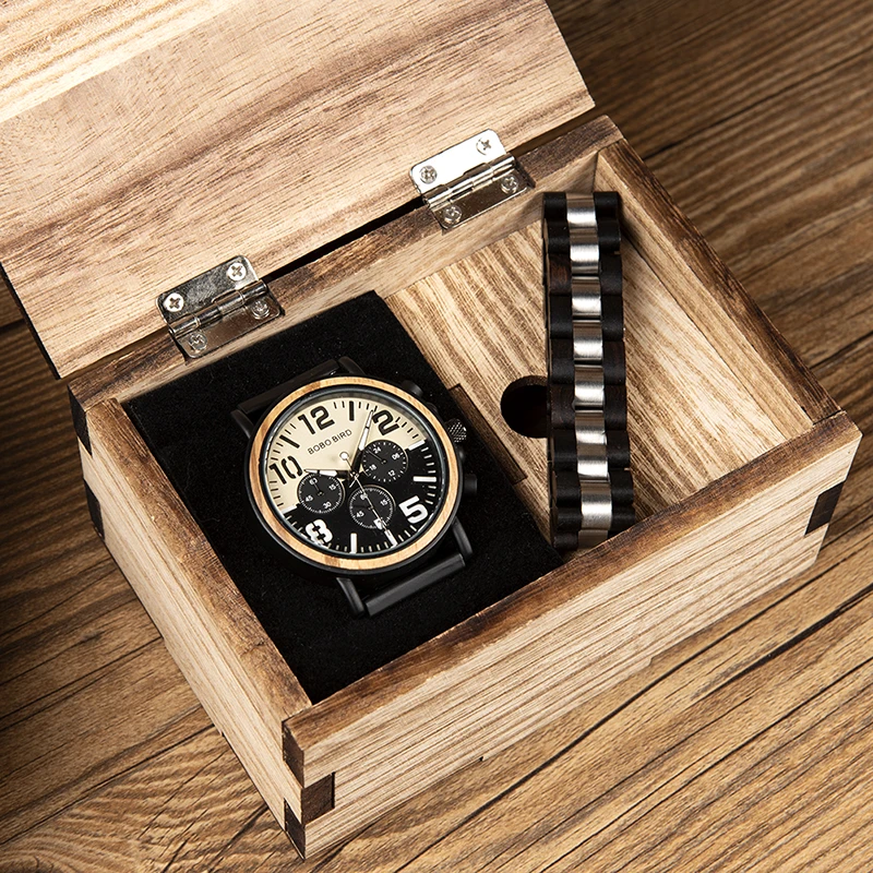 Relogio Masculino BOBO BIRD Wood Watch and Fashion Bracelet Men Quartz Wristwatches Chronograph Timepiece In Wood Box L-R25
