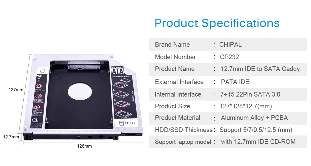 CHIPAL алюминиевый Foxconn чип Optibay 2nd HDD Caddy 12,7 мм PATA IDE to SATA для ноутбука ODD DVD-ROM для 2," SSD чехол Корпус