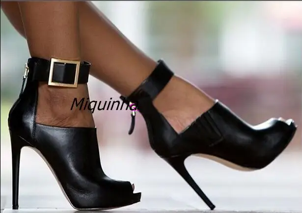 

Trendy Black PU Leather Buckle High Heels Sexy Women Cut-out Peep Toe Stiletto Heel Pumps Fashion Thin Heel Back Zip Dress Shoes